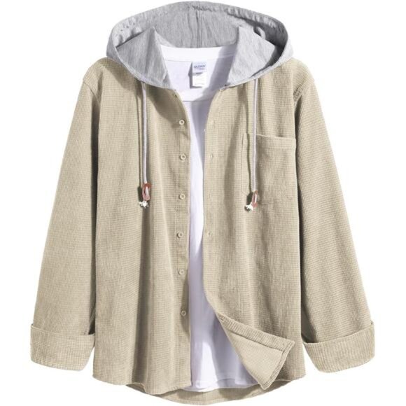 Men's Corduroy Shirt Hoody Long Sleeve‎ Button Down Casual Stylish Jacket - Picture 1 of 5